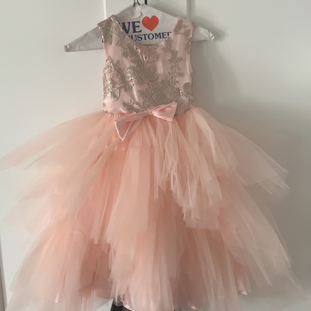 Couture Brocade pink flower girl dress with tulle